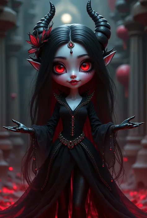 make a gotic monster high character in the same cartoon style, with black and red palettw, beautiful and a bit chubby, vampire or spectre