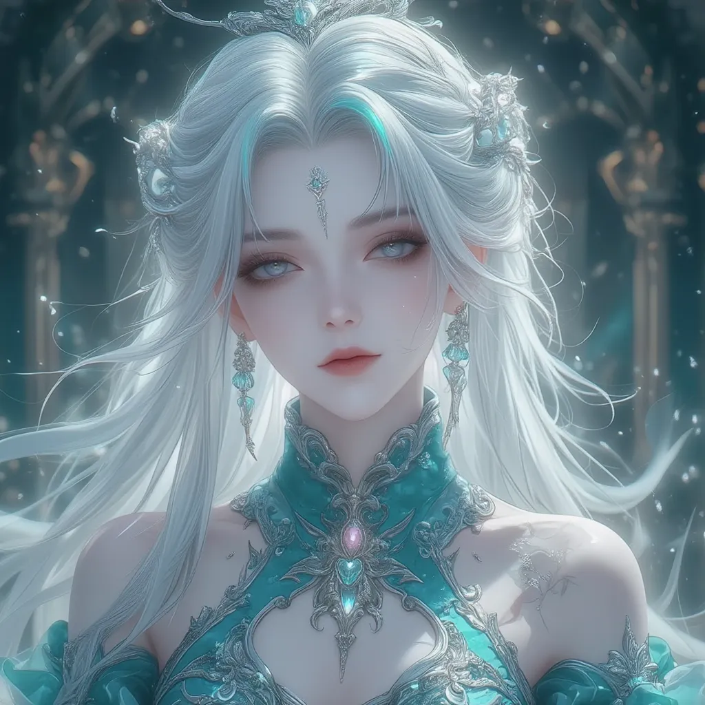 anime style noble lady with silver eyes, white and teal wavy curly hair, in a teal and silver dress with silver accessories
