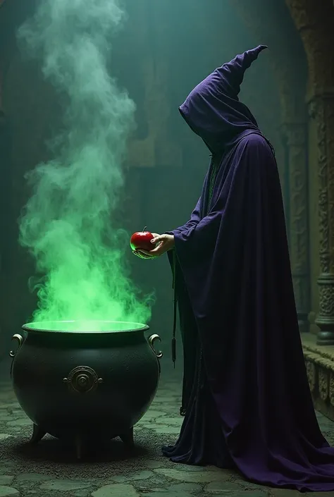 A sorceress woman, with an almost black Purple Hood. In front of a green Boiling Water Cauldron, in a room in a dark castle, with a red apple in his hand, About to throw the apple into the cauldron. Ground must be shady and foggy. 