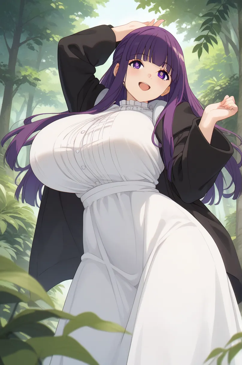 ((((MASTERPIECE)))), best quality, 1 girl, solo,Huge breasts,large ass,fern,purple hair, long hair, purple eyes, bright pupils, blunt bangs,FernCasual, white dress, black robe, open clothes, hood, frilled collar,curvy figure,Beautiful attention to detail:1...