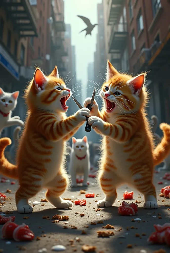 Kittens fighting wildly with knives in an alley in New York , lots of cats cheering and feasting around them,