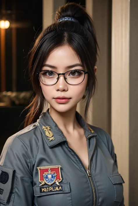 30 years old thai Asian woman with glasses with ponytail hair wearing modern black tactical outfits with Thailand Flag patch like special force captain, underground ancient temple background , serious, resident evil atmosphere