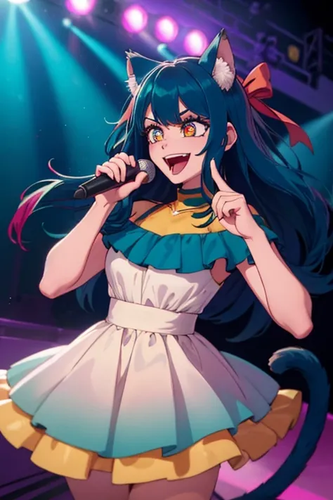 Perfect face. Perfect hands. A teal haired woman with golden eyes and teal cat ears and a teal cat tail is singing on a stage in a cute idol dress with a big smile
