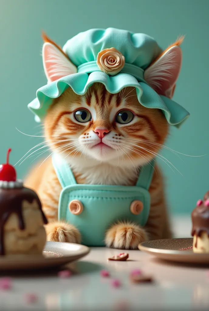 Cinematic frame of chocolate, friendly and smiling female cat watching ice cream and wearing a turquoise hat and apron with rose that says ( Prissy kawaii) ice cream and chocolate,  light background,  quality photo, wet texture, glazed,  studio photo, suit...