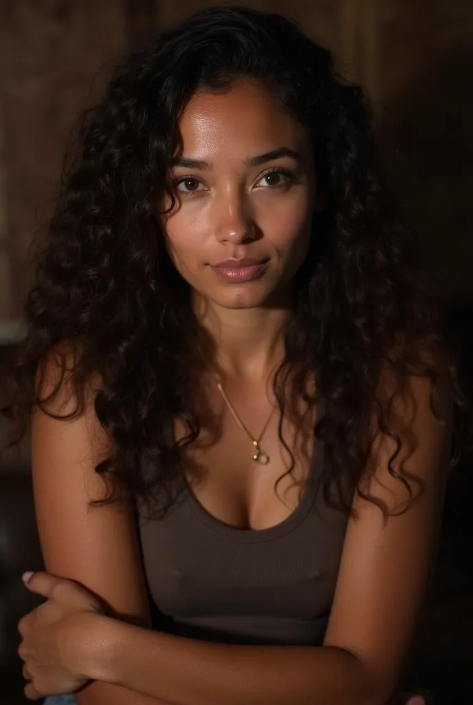 A young woman with long, dark, curly hair and olive skin sits with her arms crossed, She is wearing a black t-shirt and a short gold chain with a small pendant, Her head is tilted slightly towards her left side, She looks directly at the you with a calm an...