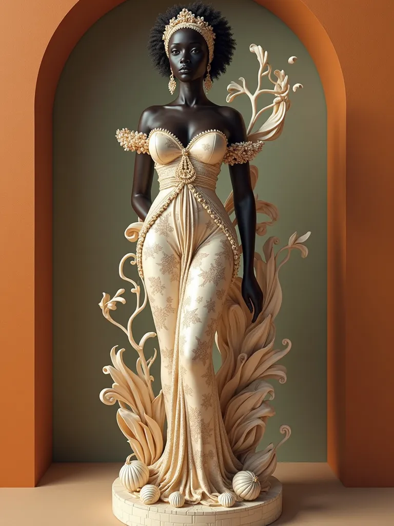 a hyper realistic and detailed ((full body well dressed in african clothes black woman) (gorgeously proportioned figure with intricate details) statue, meticulously crafted from natural materials like ivory and shells, adorned with elaborate designs and pa...