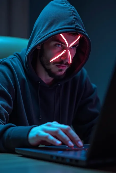 person with a hood sitting manipulating a gaming laptop looking straight ahead,  His characteristics are he has clothes that cover an eye and his mouth , on top of those clothes in the part of his eye there is a "X" with LED lights on the outline, y encima...