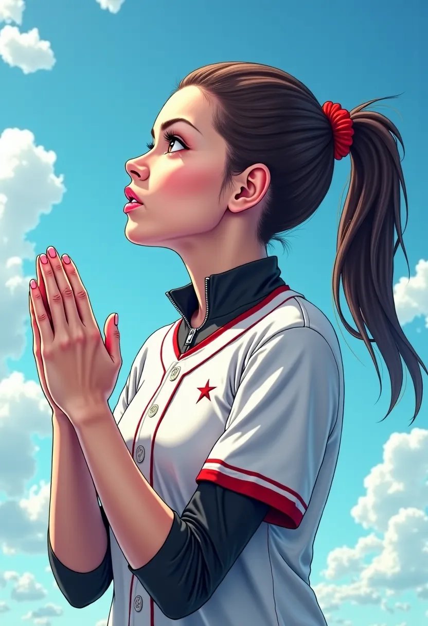  baseball club manager、Hands gently clasped together as if in prayer.White jersey、 white zip-up jersey、white long-sleeved sports jersey（Red line in it）side down、profile 全身、斜めside down、 serious expression、interlocked fingers in prayer pray with hands crosse...