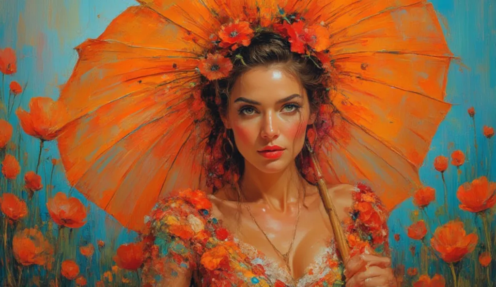 A stunning portrait of a woman full body (subject:1.2) adorned in an elaborate floral dress featuring vivid poppies (element:1.2). She holds an oversized orange umbrella, styled with intricate lace (detail:1.2). The setting has a soft, textured background ...