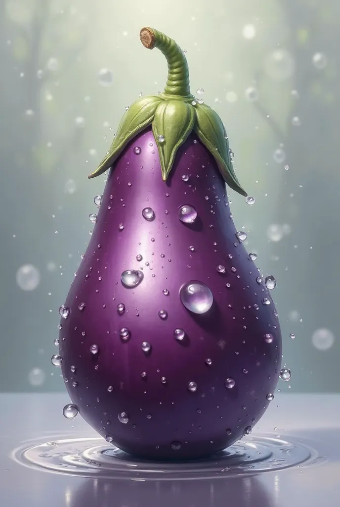 An egg plant that has water drops on the eggplant but the water drops are white and it has a text that says uma on eggplant