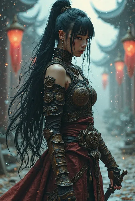 An image painting of a masterpiece, best quality, good quality, very aesthetic, absurdres, newest, 8K, depth of field, focused subject, in the style of cknc, artist morii mee, in the style of cksc, asian barbarian warrior woman, leather armour, bangs, long...