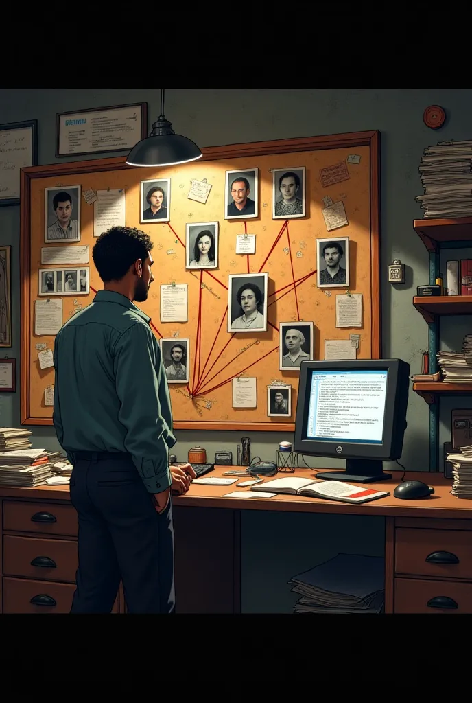 A cluttered yet organized office belonging to Detective Mohamed. Files and papers are stacked neatly on shelves, while a corkboard displays photos, notes, and connections between suspects. The detective stands near the board, connecting dots between clues ...