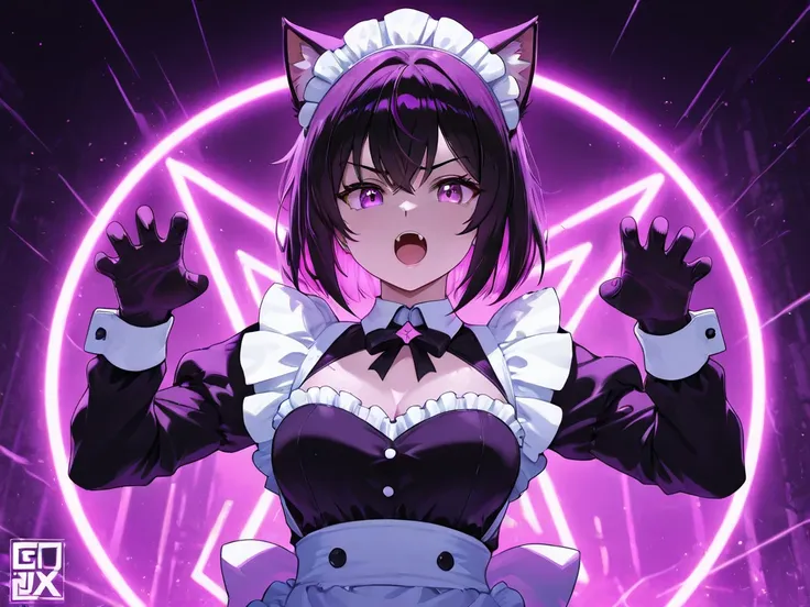 a catgirl wearing a formal maid outfit with a a cat claw pose surrounded by a creative abstract pattern and neon lighttrails is below a logo that says "AnimePro FLUX", her hands are small and delicate