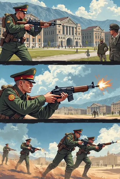 Create a comic of a military school competition with five vignettes 