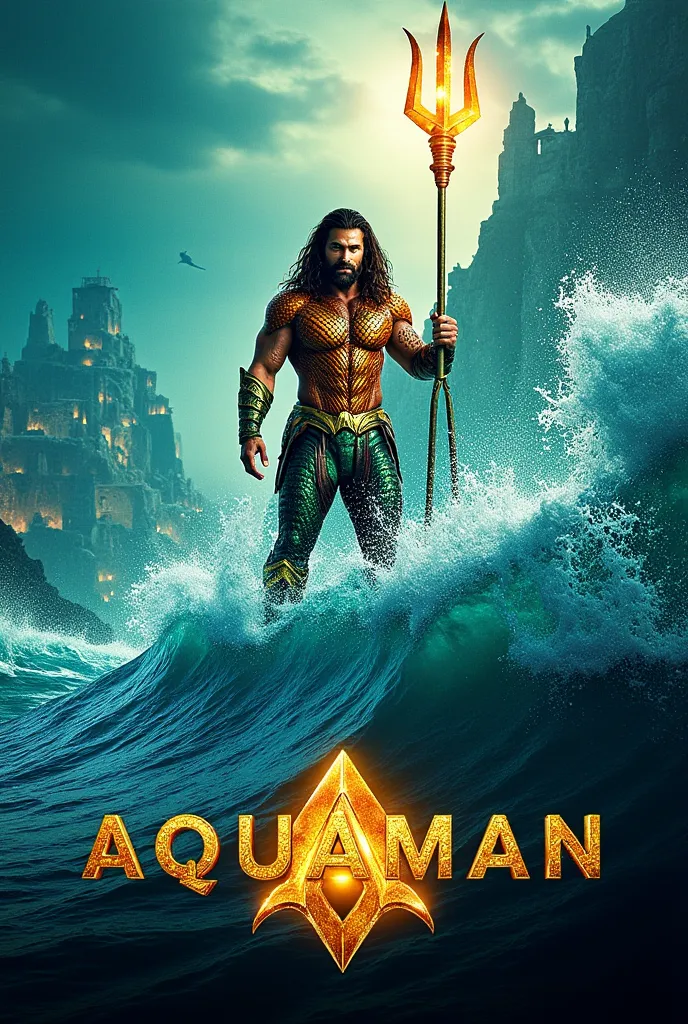 Create a vibrant and epic poster featuring Arthur Curry (Jason Momoa) as Aquaman, standing atop a massive wave, his trident glowing with power. Behind him, the underwater kingdom of Atlantis is visible, with its towering structures and marine life glowing ...