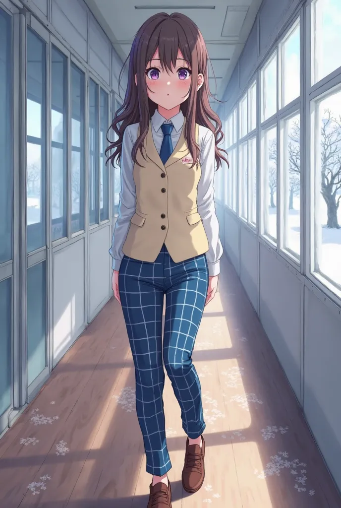 A 20-year-old anime-style Bing-style girl, From-E 3, High resolution, 8k image, stop, aisle, white school, wooden floor, tokyo city, Through the windows you can see the snow-covered treetops in the afternoon, mide 170 cm, Its measurements are B 70, At 35, ...