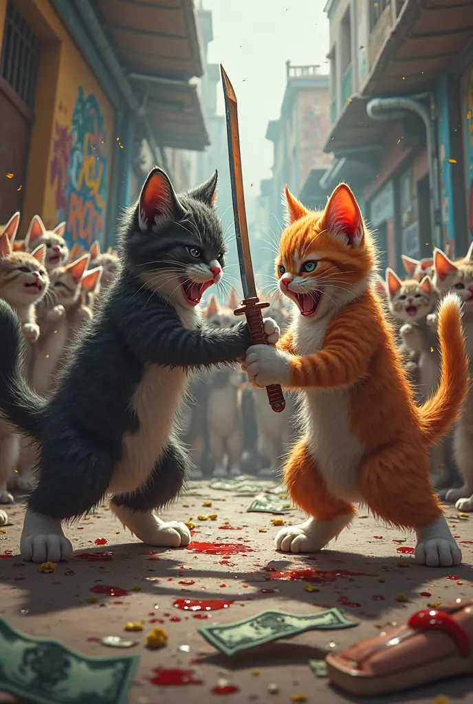 Kittens fighting wildly with ninja katanas in an alley in Mexico, lots of cats cheering and feasting around them, Blood on the floor and dollar bills