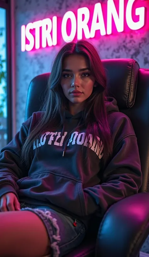  A beautiful afganistan girl big breast sitting relaxing in a gaming chair wearing a hoodie with the inscription "ISTRI ORANG" dan SHORT ripped JEANS hitam rambut panjang  , sepatu kets putih.  In the background there is the word  "ISTRI ORANG"  of transpa...