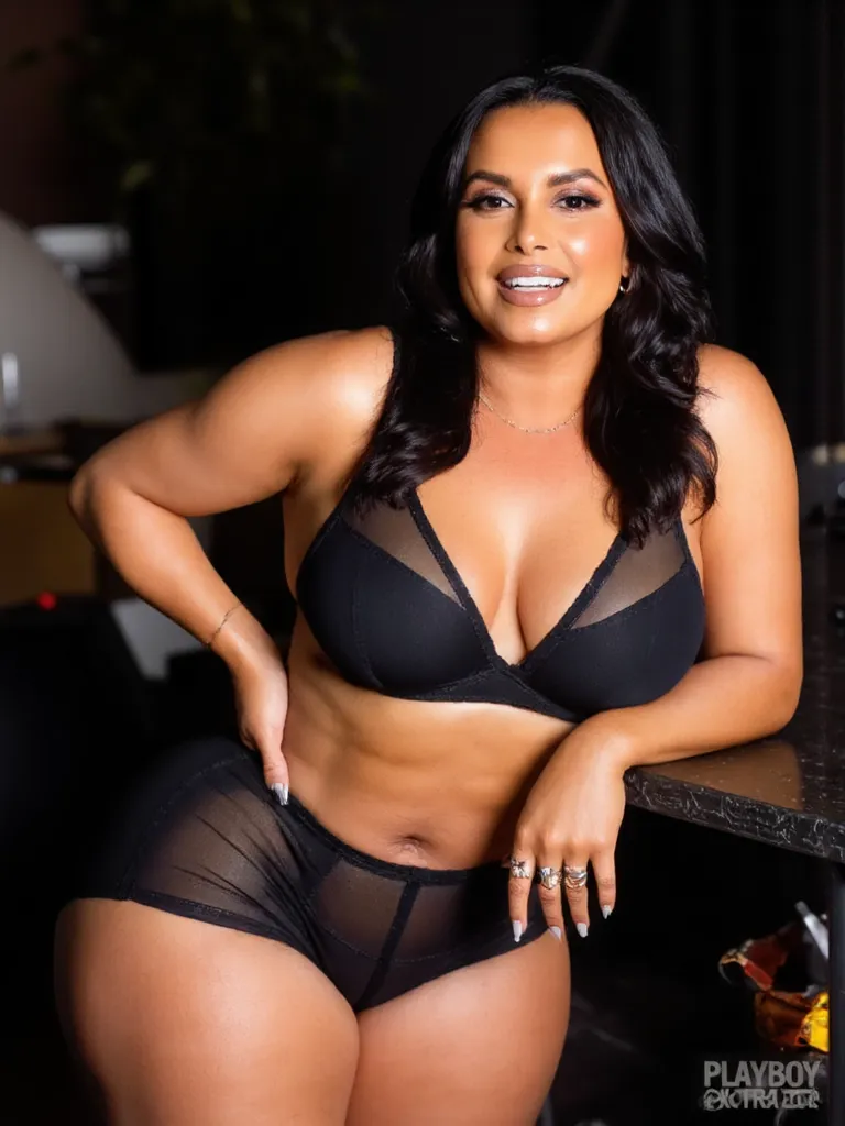 Hyperrealistic photo of Joy Taylor with a wet body in a black see thru bra, high cut g-string thong giving her a wedgie and squeezing her wide hips, leaning on a desk, doing a sultry pose, round wide hips, wide big hips and thick wide legs, while her lower...