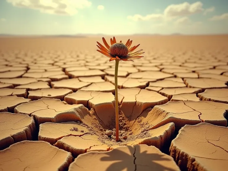 A breathtaking desert landscape, cracked and dry earth stretching endlessly, deep fissures revealing the parched soil. In the center, a single withered and dried flower. A dramatic contrast between life and desolation, emphasizing 