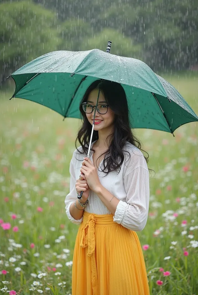 long distance photography of the whole body of a beautiful asian woman ,Rambut dan pakaian terlihat basah memakai kaos warna white bergambar bunga, wearing glasses, wears a long yellow pleated skirt, memakai sepatu kets jordan white,disampingnya ada seoran...