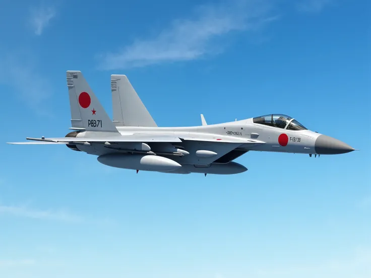 Create a highly realistic, photo-quality image of a Japan Air Self-Defense Force (JASDF) Mitsubishi F-15J Eagle fighter jet flying against a clear blue sky with thin clouds. The aircraft should be painted in a light gray color scheme, featuring the red cir...