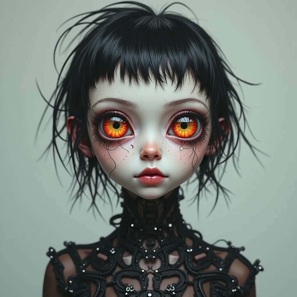 (24yo skinny anorexic gothic punk girl, slender skinny anorexic demon woman with enormous manga heterochromia eyes), ((top quality, 8k, masterpiece: 1.3)), crisp focus: 1.2, ((beautiful skinny anorexic demon woman: 2.2)), (skinny abdomen: 1.4), (oversized ...