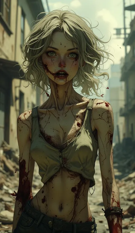 1girl, Skinny, Zombie Girl, Post-Apocalyptic Background, Grey Hair, Missing Hair, Open Mouth, Missing Teeth, Detail, High Resolution, Empty Eyes, Blood, Missing Body Parts, Disturbing, Creepy