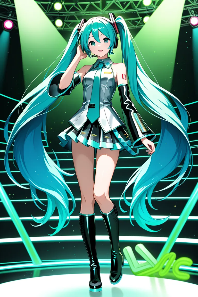 1 girl, vocaloid ,Hatsune Miku,Turquoise Blue Long Twin Tails,miniskirt,sleeveless,tie,headphones,black arm cover showing underwear,black long boots,live stage,colorful psyllium light,green penlight light