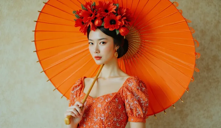 A stunning portrait of a woman full body (subject:1.2) adorned in an elaborate floral dress featuring vivid poppies (element:1.2). She holds an oversized orange umbrella, styled with intricate lace (detail:1.2). The setting has a soft, textured background ...