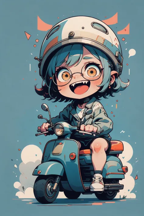 perfect anatomy, best quality, bad girl riding a scooter,  helmet, Bad Look，Glasses，sharp teeth, clenched teeth, closed mouth, gritted teeth, happy,  chibi