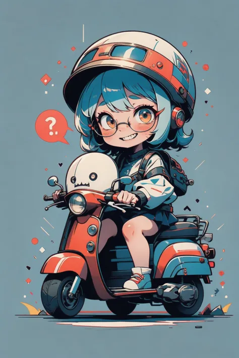 perfect anatomy, best quality, bad girl riding a scooter,  helmet, Bad Look，Glasses，sharp teeth, clenched teeth, closed mouth, gritted teeth, happy,  chibi