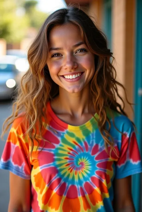 A woman wearing Tie-dye T-shirt 