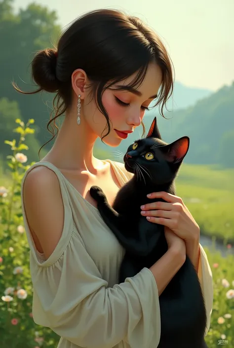 A girl carrying a black cat