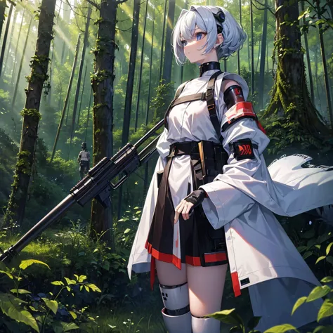 masterpiece, best quality, extremely detailed, illustration, absurdres,very aesthetic,no human,Humanoid robot, humanoid weapon, MS-09 DOM, Giant Bazooka, holding a bazooka in the right hand, hovering, in the forest,