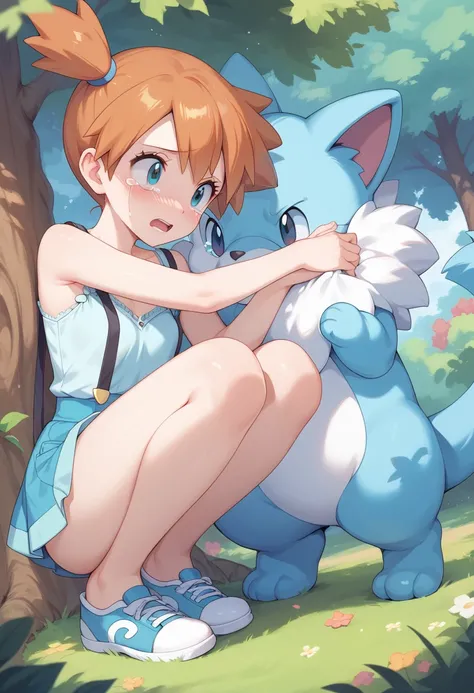 1 girl, misty_pokemon, (young girl:1.4), lingerie, girls hiding in, Crouching, [Scared, is crying, eyes, pokemon, eyes, It's a mix of, trees in a park surrounded by, beautiful legs, man caressing her comforting her , mini skirt ,