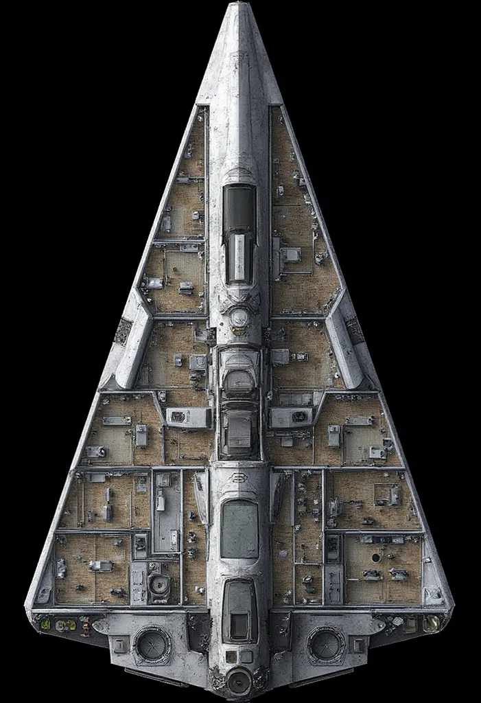 "A detailed top-down floor plan of a futuristic triangular spaceship designed for a 40-person crew. The ship layout includes clearly marked sections:

Bridge & Command Center at the top apex, featuring workstations, a captain’s office, and a communications...