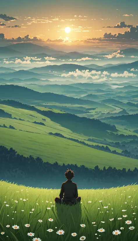 Cloudy clouds with anime style texture. Black polo boy sitting in foreground in a meadow with daisy flowers watching an immense valley """"" with blue sky! Small clouds. A boy sitting in a cloudy meadow looking at the vast sky, green grass, cloudy sky, Mak...