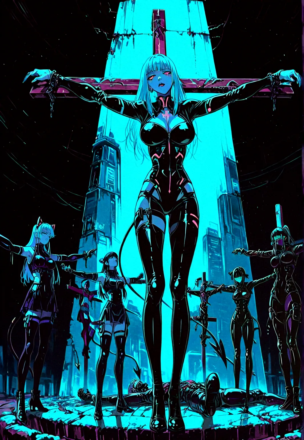 front view: Chica demonio, piel roja, cuernos, tail ,traje de latex, circuitos robóticos, senos promedio, dispositivos futurista, suffering, ((
crucifixion pose inverted)), circuits, . Background: cyberpunk factory. Dark atmosphere.