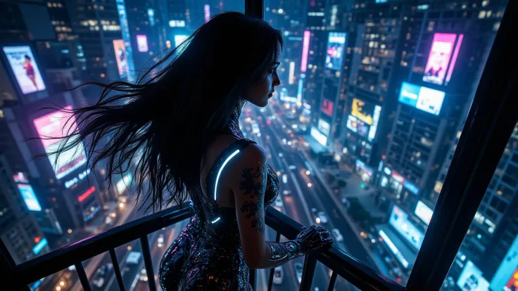 A mesmerizing woman with long, flowing raven-black hair stands on the neon-lit balcony of a high-rise, overlooking the cybernetic chaos of Night City. She wears a sleek, deep-cut bodysuit with shimmering metallic textures that mold perfectly to her figure,...