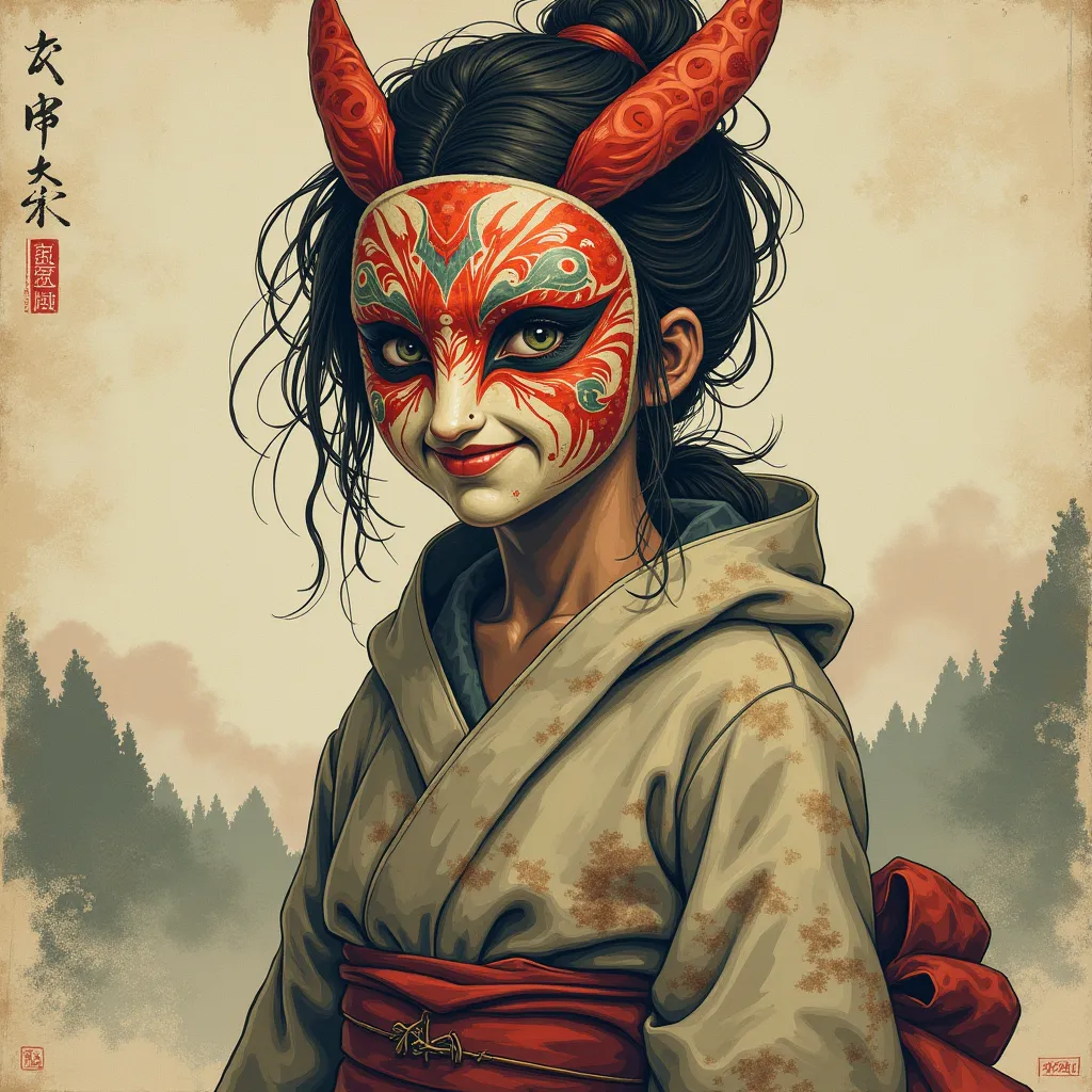 Dirty and poor gray girl with a mask on of a geisha with bright colors in parchment style from Japan