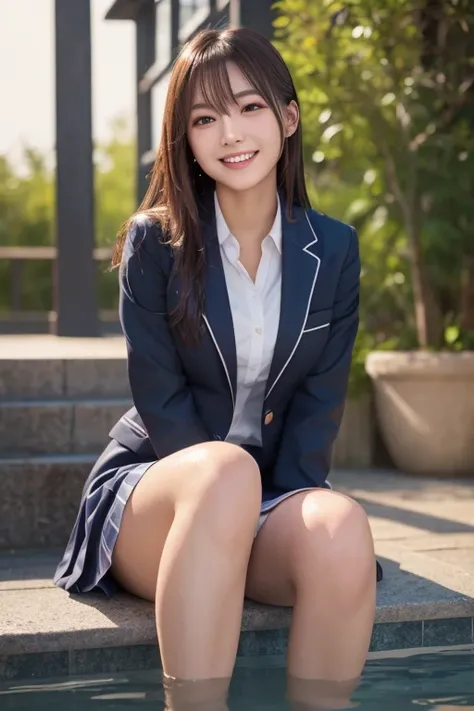 (8k), ( top quality : 1.2), ( realistic), ( Photorealistic : 1.37),  Ultra Fine,  1 girl,  cute, smile,   closed mouth ,  beautiful detail, Beautiful Nose,  full body,  wet hair, Giant Dalcefo, pork,  school uniform,  thighs  