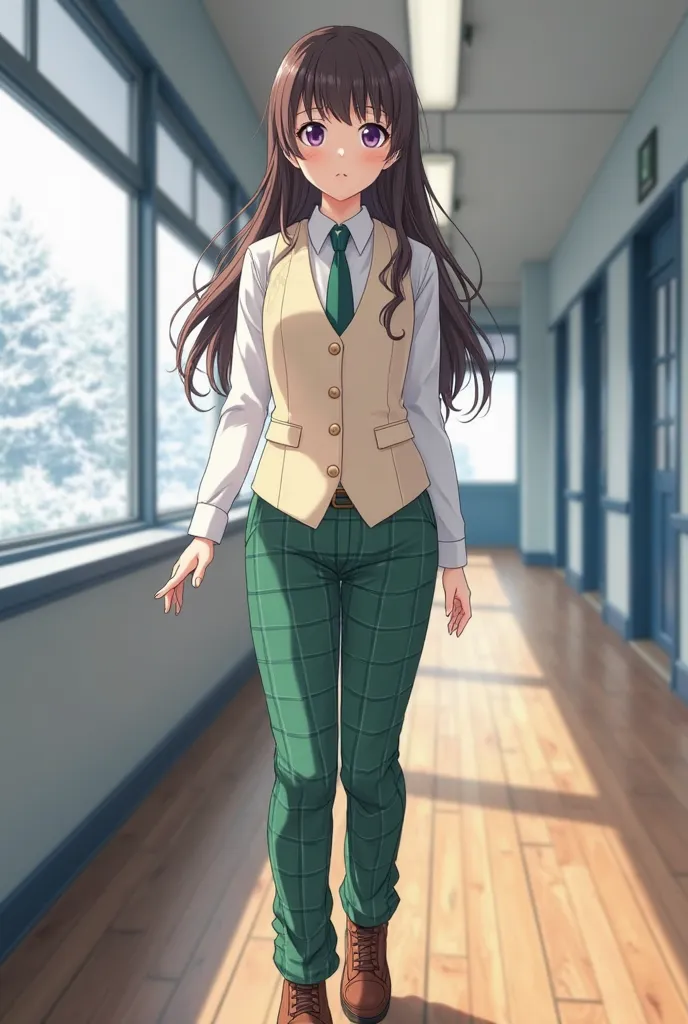 A 20-year-old anime-style Bing-style girl, From-E 3, High resolution, 8k image, stop, aisle, white school, wooden floor, tokyo city, Through the windows you can see the snow-covered treetops in the afternoon, mide 170 cm, Its measurements are B 70, At 35, ...