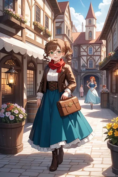 Please create an image below。

＃walking down a steampunk street wearing a red scarf and brown leather jacket、Wear clothes with a white lace border on a blue dress、standing in the distance。she has a gentle smile、Hands crossed lightly in front、staring at a g...