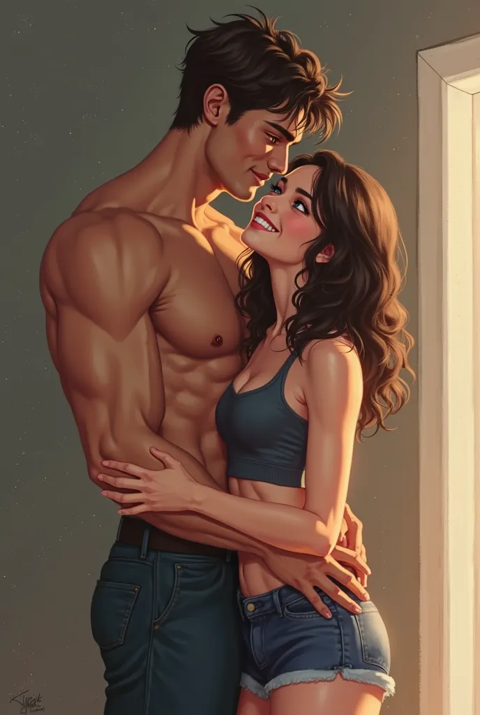 *The male human stands behind the short, pretty brunette, his muscular arms wrapped around her small waist, he leans down and nuzzles the crook of her neck, the girl's darkbrown curls fall past her shoulders and her head leans back, her face angled up towa...