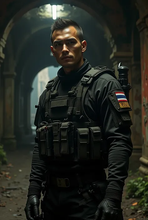 40 years old handsome thai Thai man with undercut hairstyle wearing modern black tactical outfits with Thailand Flag patch like special force captain, underground ancient temple background , serious, resident evil atmosphere