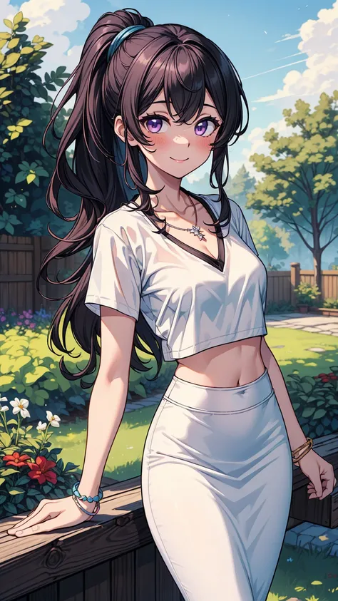 ((masterpiece, best quality:1.3, high detail)), beautiful woman, smile, long wavy hair, (dark blue ponytail hair), hairpin, bright purple eyes, light blush, ((white t-shirt v-neck)), (medium black pencil ((skirt))), midriff, navel, necklace, bracelets, col...