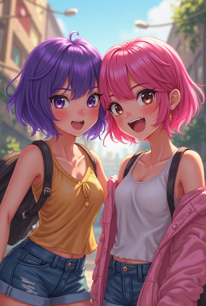 Image of two friends, the two of them have short hair, move purple and the other move Rosa