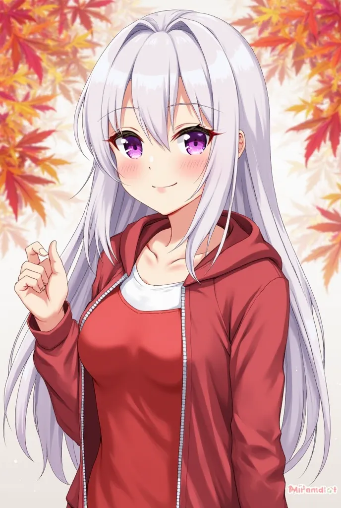 1girl, solo, cowboy shot,
silver hair, long hair, hair between eyes,
purple eyes, long eyelashes, looking at viewer, blush, smile, closed mouth,
(wearing red jogging jacket, open jacket, white inner shirt), (wearing red school gym buruma), medium breasts,
...