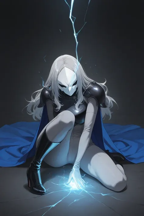 high resolution, masterpiece, necessary, detail, best quality, quality, necessary, details, High details, Precise, 
 
1girl_ ufotable style, ufotable anime

(Solo) faceless, mask covered face, white mask with black eyes, grey hair, long hair, blue long cap...